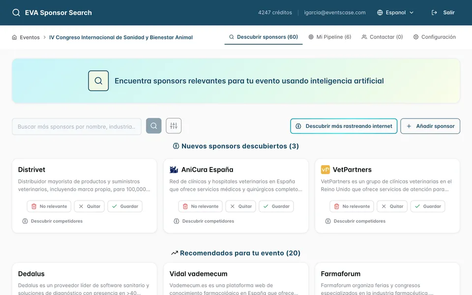 Sponsors Search discovery dashboard showing AI-matched sponsor results for events