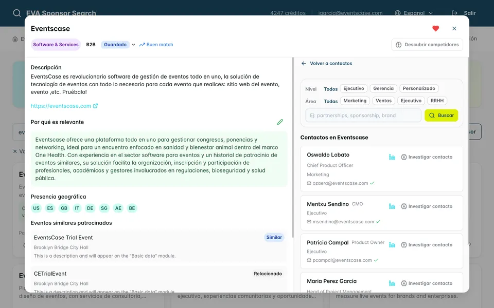 Sponsor detail view showing AI-generated explanation, related events, and decision-maker contacts